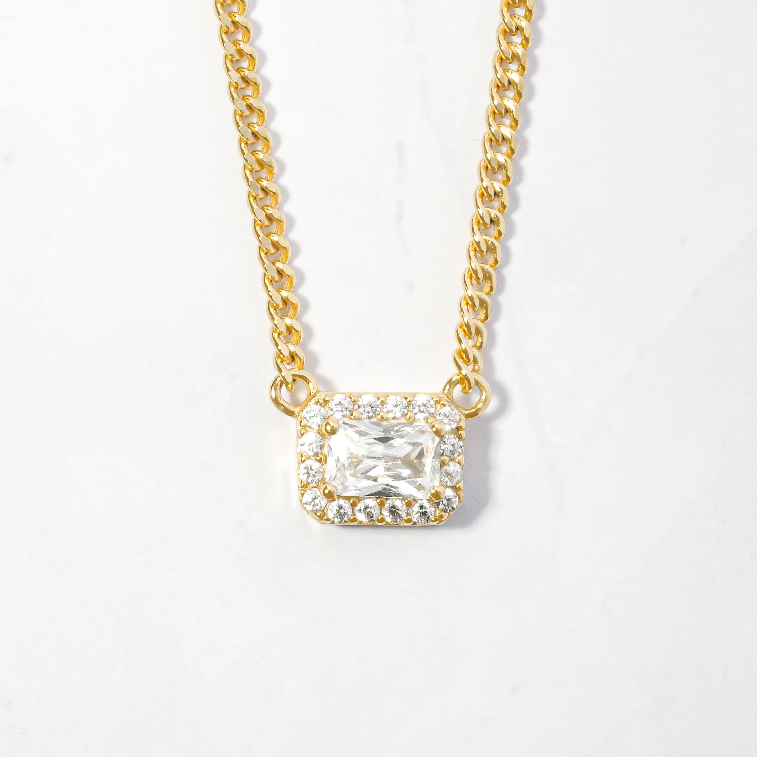 Halo Emerald Cut Necklace on Cuban Chain | Sami Jewels