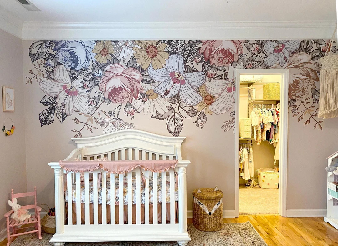 CAMILA Wall Decal BORDER Floral Nursery Vintage Flowers Removable Wall Mural Roses Hibiscus Peoni... | Etsy (US)
