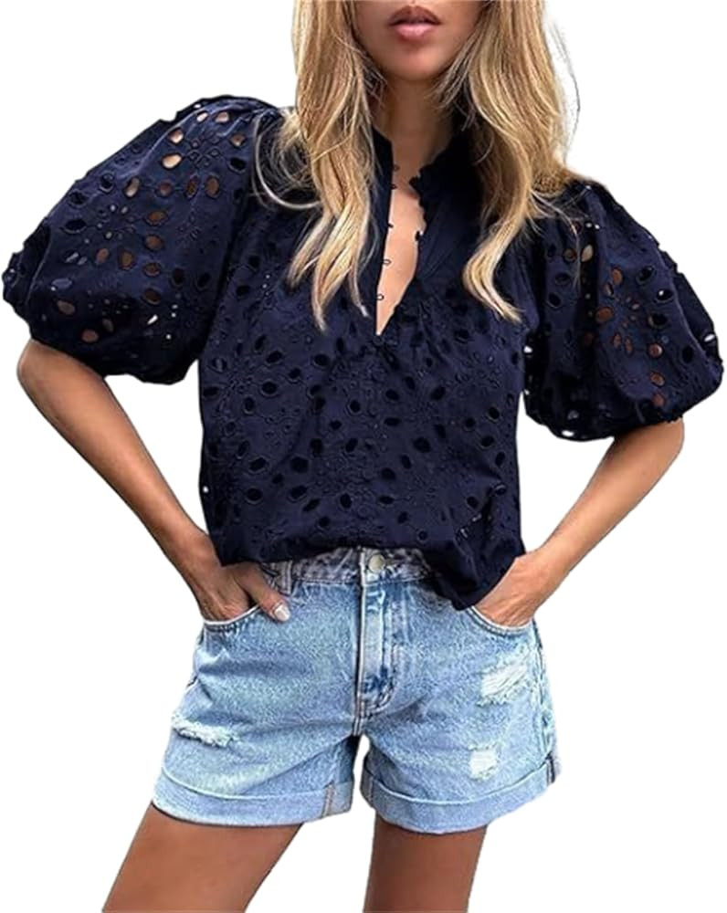 hathne Women's Embroidered Eyelet Blouses Tops Summer V Neck Hollow Out Lantern Short Sleeve Shir... | Amazon (US)