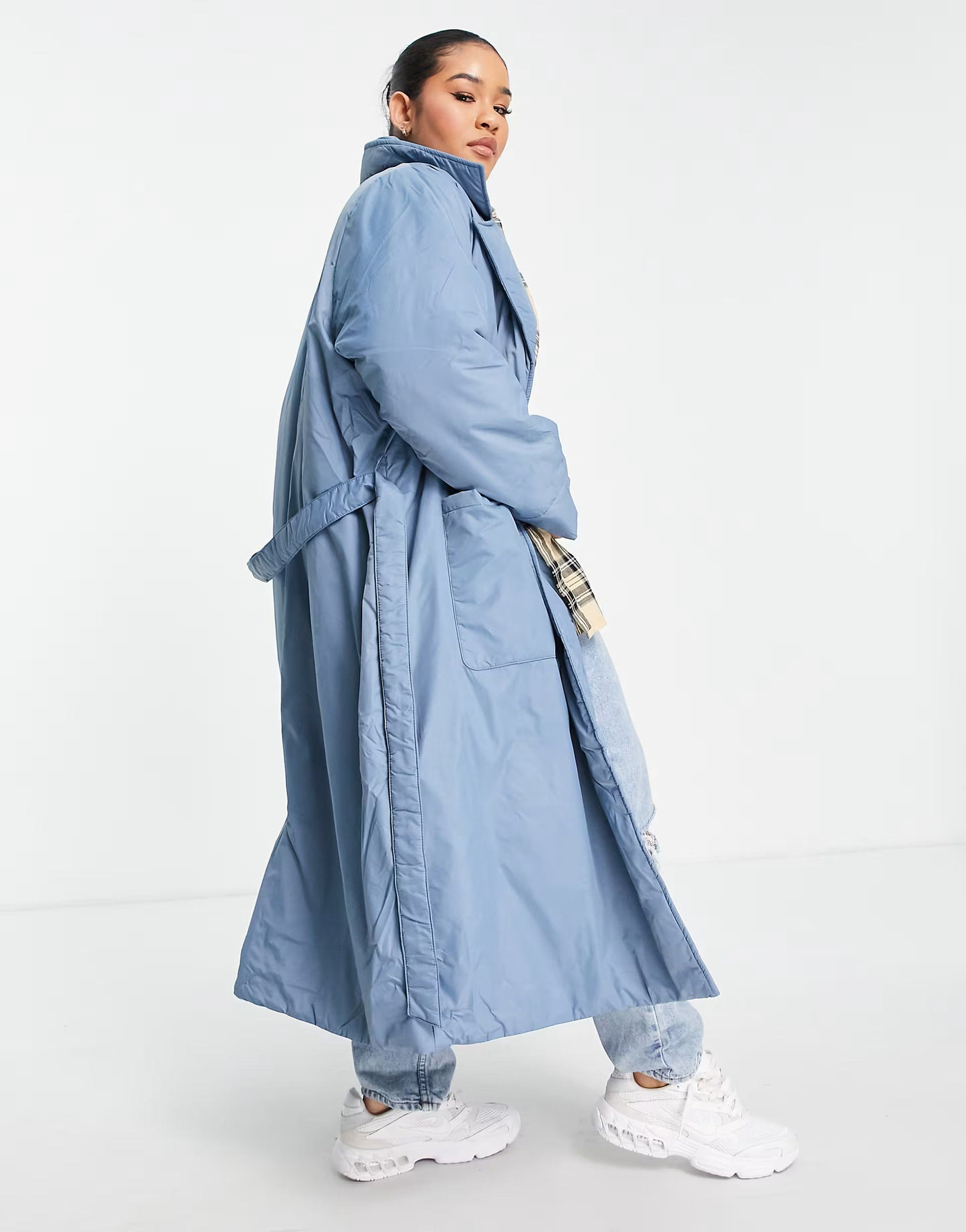 Only Curve tie waist padded longline trench coat in blue | ASOS (Global)