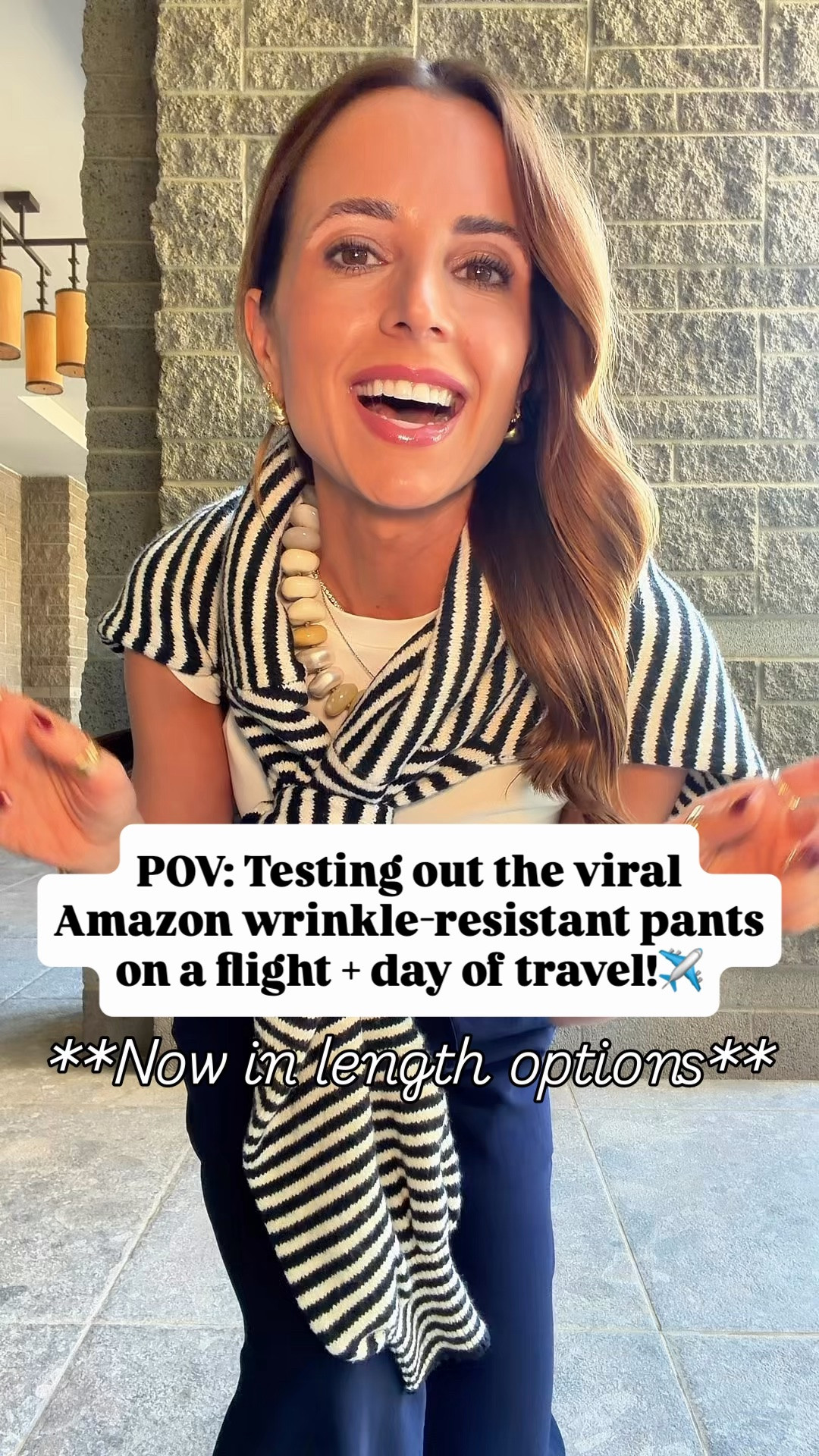 Amazon pants that won’t wrinkle in XS petite, color ‘admiral’. My travel outfit of the day! White t-shirt in XS. Striped navy sweater in small. Airport outfit. Casual outfit. Everyday outfit. Fall outfit. Teacher outfit. Business casual pants. Workwear pants.