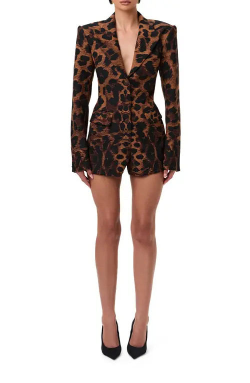 Naked Wardrobe Long Sleeve Ponte Blazer Romper in Leopard at Nordstrom, Size Large | Nordstrom