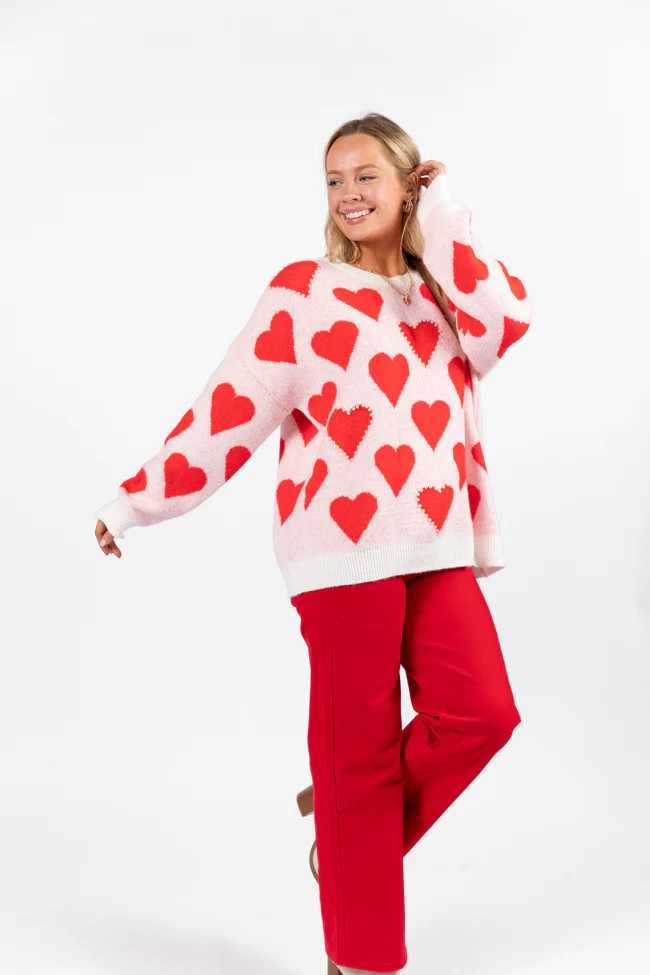 Falling For You Ivory and Red Oversized Pearl Embellished Heart Sweater | Pink Lily