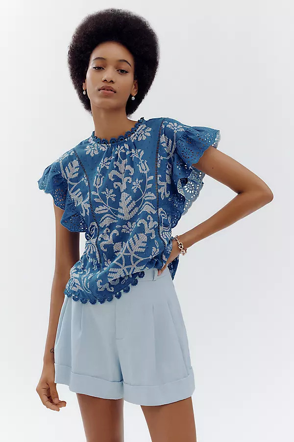x Anthropologie Short-Sleeve Printed Blouse | Anthropologie (US)