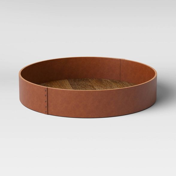 14" x 2" Decorative Round Leather Tray with Wood Base Brown - Threshold™ designed with Studio M... | Target