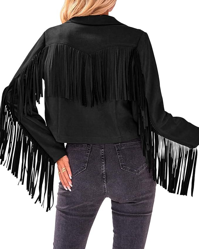 BTFBM Women Fashion Cropped Tassel Fringe Faux Suede Leather Jacket Fall Winter Long Sleeve Lapel... | Amazon (US)