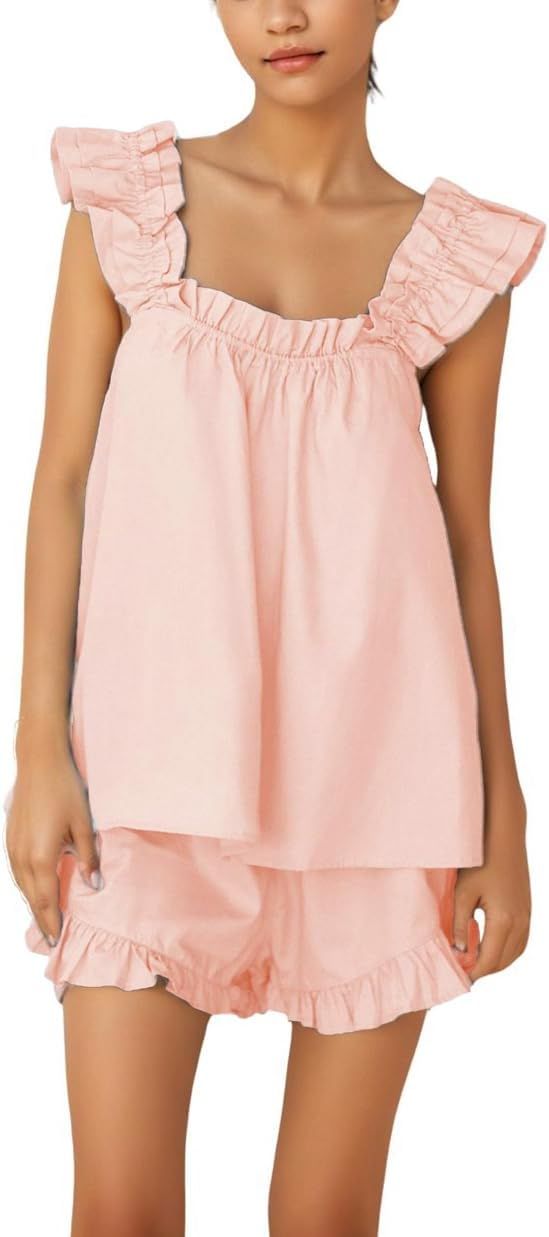 Womens Summer 2 Piece Set Fashion Ruffle Trim Cami and Casual Shorts Set Cotton Pajama Sets | Amazon (US)