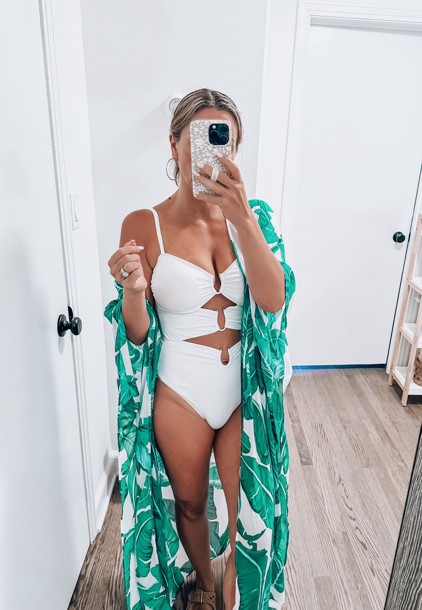 White one piece bathing suit women’s vacation palm tree cover up beach pool 