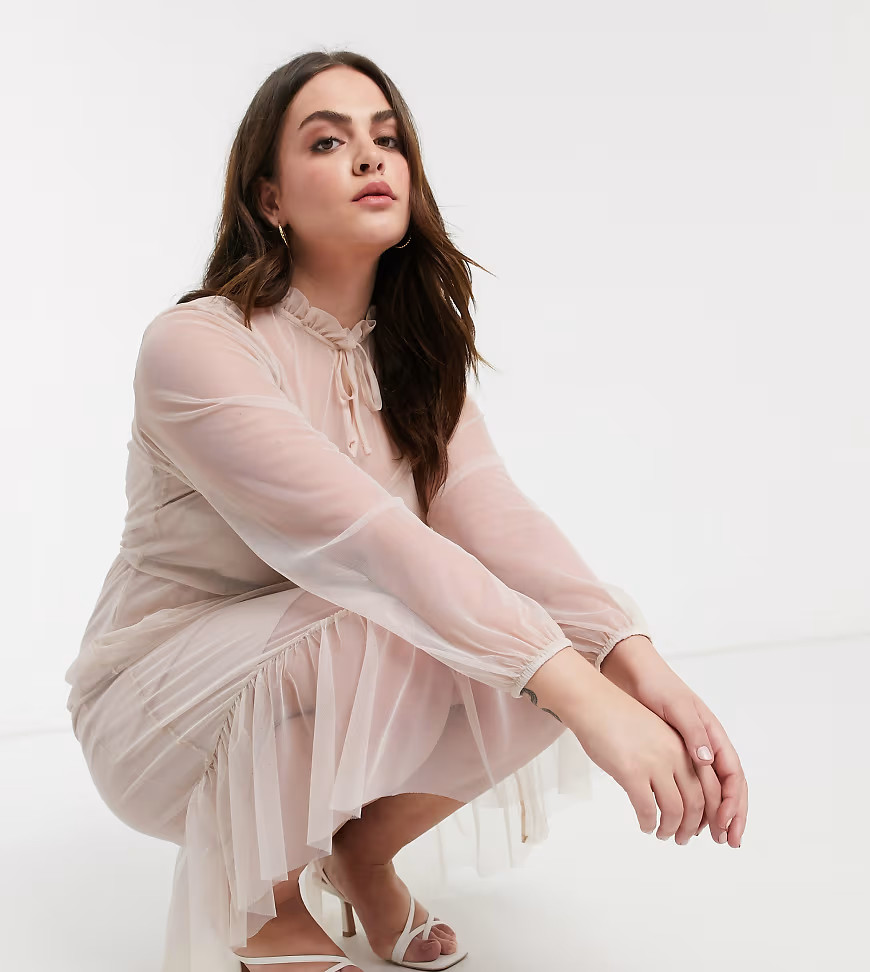 River Island Plus mesh smock midi dress in peach-Pink | ASOS (Global)