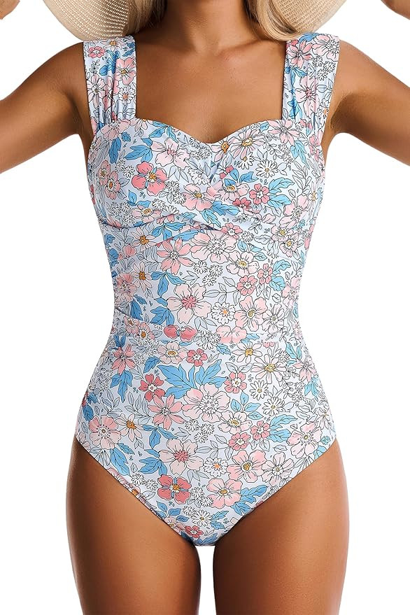 Womens One Piece Swimsuits Tummy Control Bathing Suits Modest Full Coverage Swimsuit Wide Straps ... | Amazon (US)