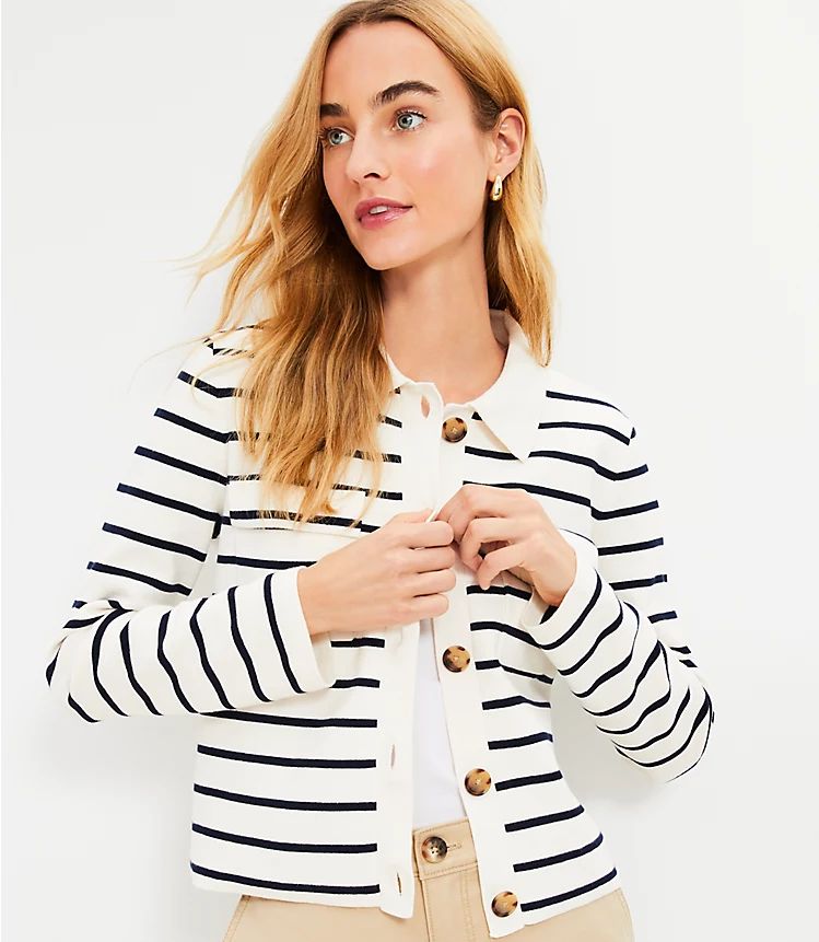 Stripe Collared Sweater Jacket | LOFT