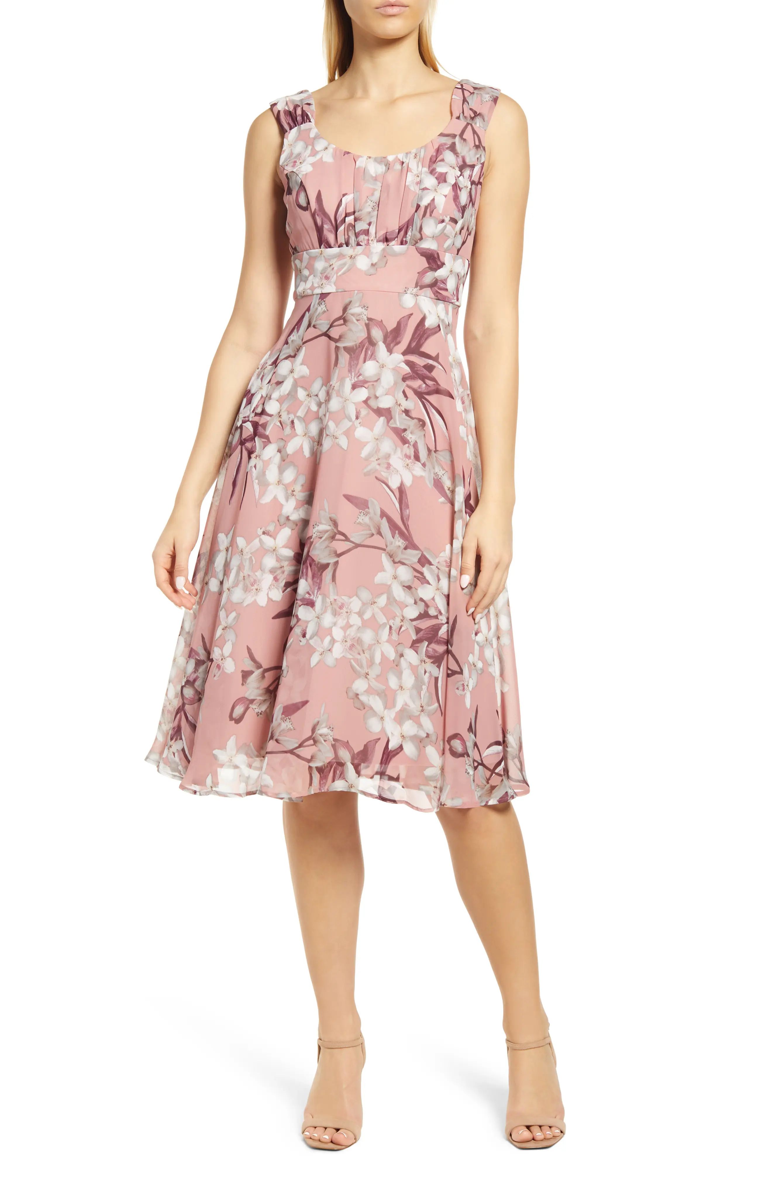 Connected Apparel Pleated Bodice Floral Print Chiffon Dress in Antique Rose at Nordstrom, Size 4 | Nordstrom