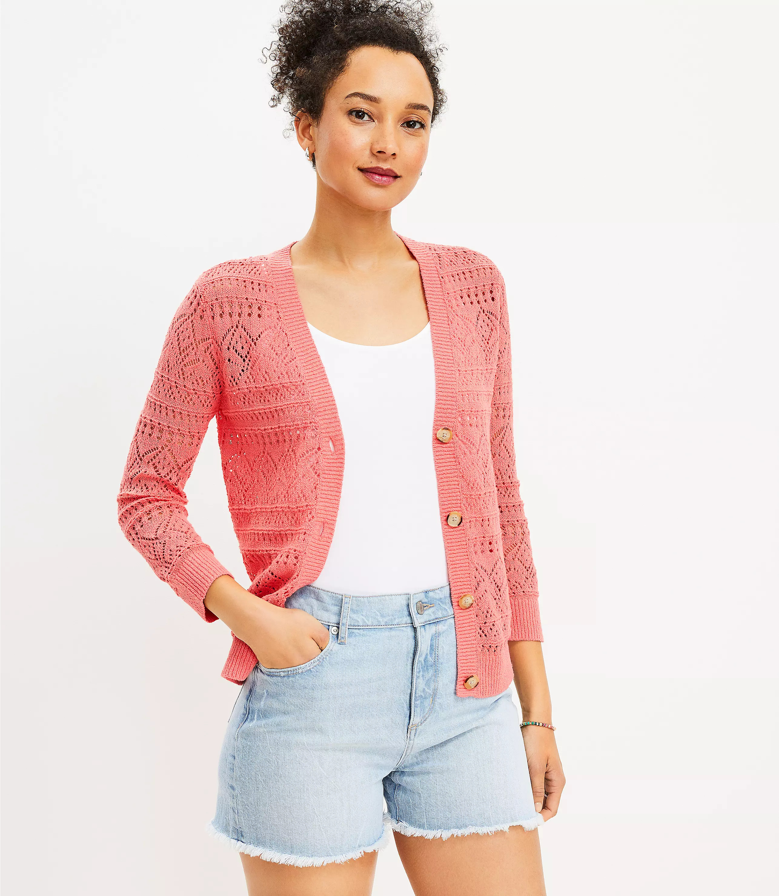 Pointelle V-Neck Cardigan | LOFT