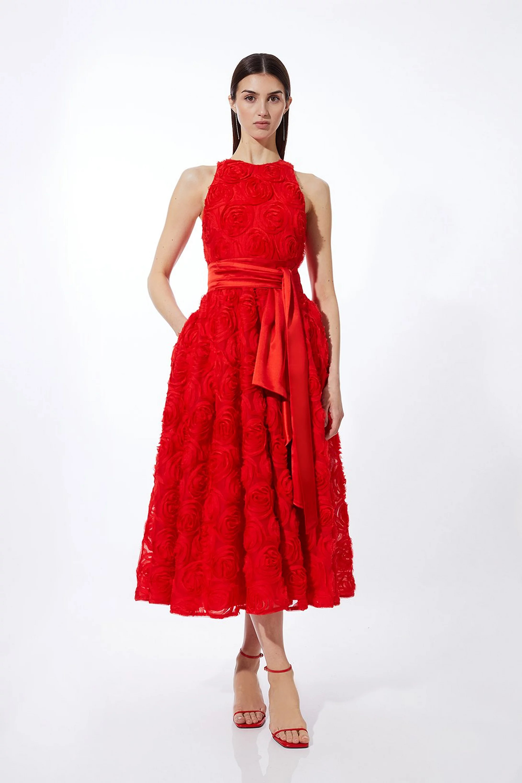 Romantic Rosette Texture Woven Prom Midi Dress | Karen Millen US