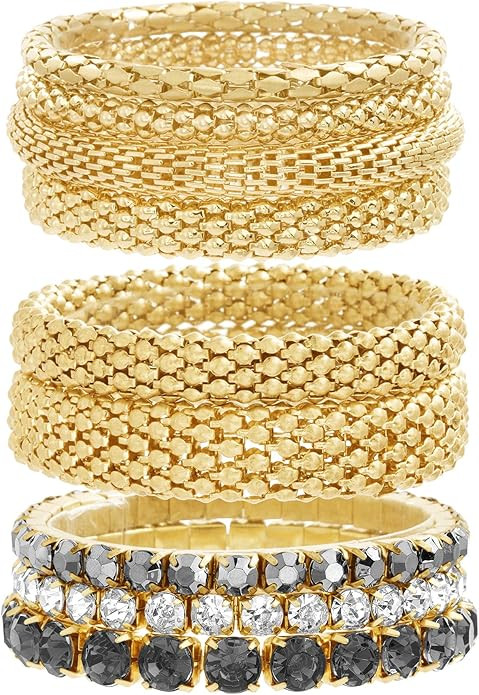 Steve Madden Yellow Gold Tone and Black Rhinestone Stretch Bangle Bracelet Set For Women, One Siz... | Amazon (US)