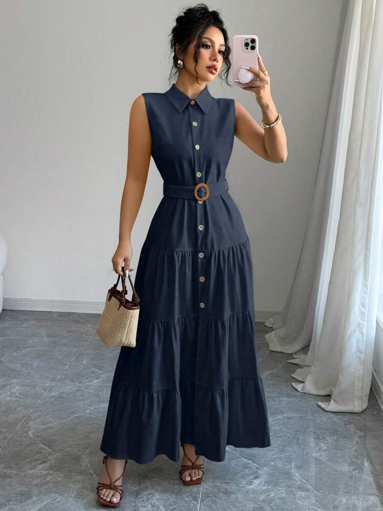 Elenzga Women's Lapel Button Belted Dress | SHEIN