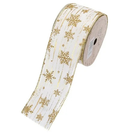 Snowflake Glitter Satin Wired Ribbon Ivory Satin Ribbon With Gold Glitter Snowflake Pattern And Gold | Walmart (US)