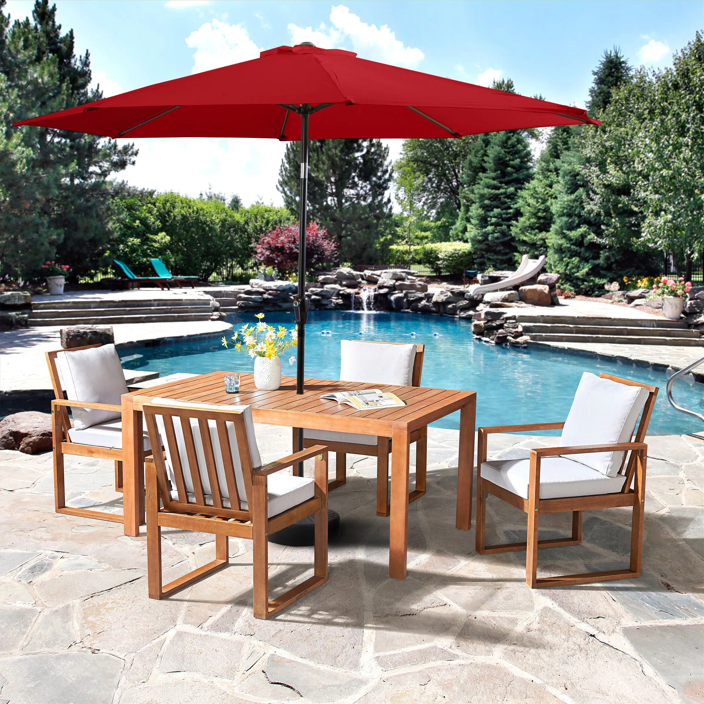 Arjay 8 Pc Patio Dining Set Wood One 63" Table 6 Chairs With Cushions And 1 10-Foot Tilt Umbrella | Wayfair North America