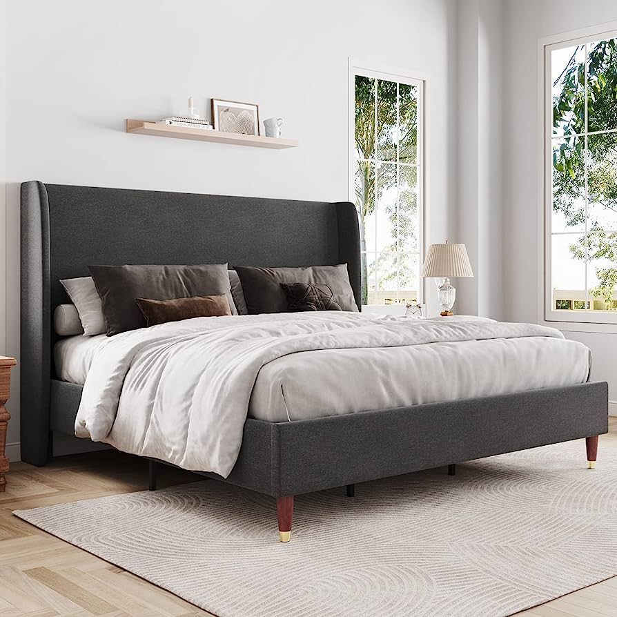 Jocisland King Size Bed Frame 51.2" High Linen Upholstered Platform Bed with Wingback Headboard/N... | Amazon (US)