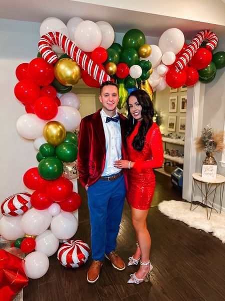Under $50 amazon sparkly fur holiday dress (small, multiple colors), under $50 amazon sparkly bow heels (tts), under $15 silver earrings and under $70 men’s amazon velvet blazer, balloon arch kit— a perfect holiday or new years outfit!  #founditonamazon  

#LTKSeasonal #LTKHoliday #LTKparties