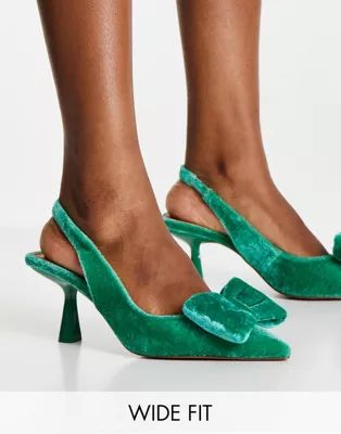 ASOS DESIGN Wide Fit Scarlett bow detail mid heel shoes in green | ASOS (Global)