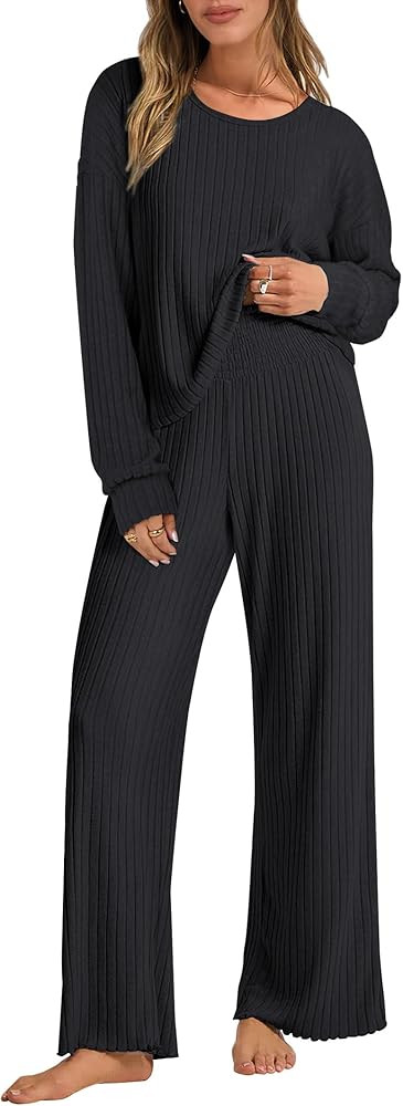 ANRABESS Women 2 Piece Lounge Pajamas Sets Casual Ribbed Knit Long Sleeve Top Pants Matching Set ... | Amazon (US)