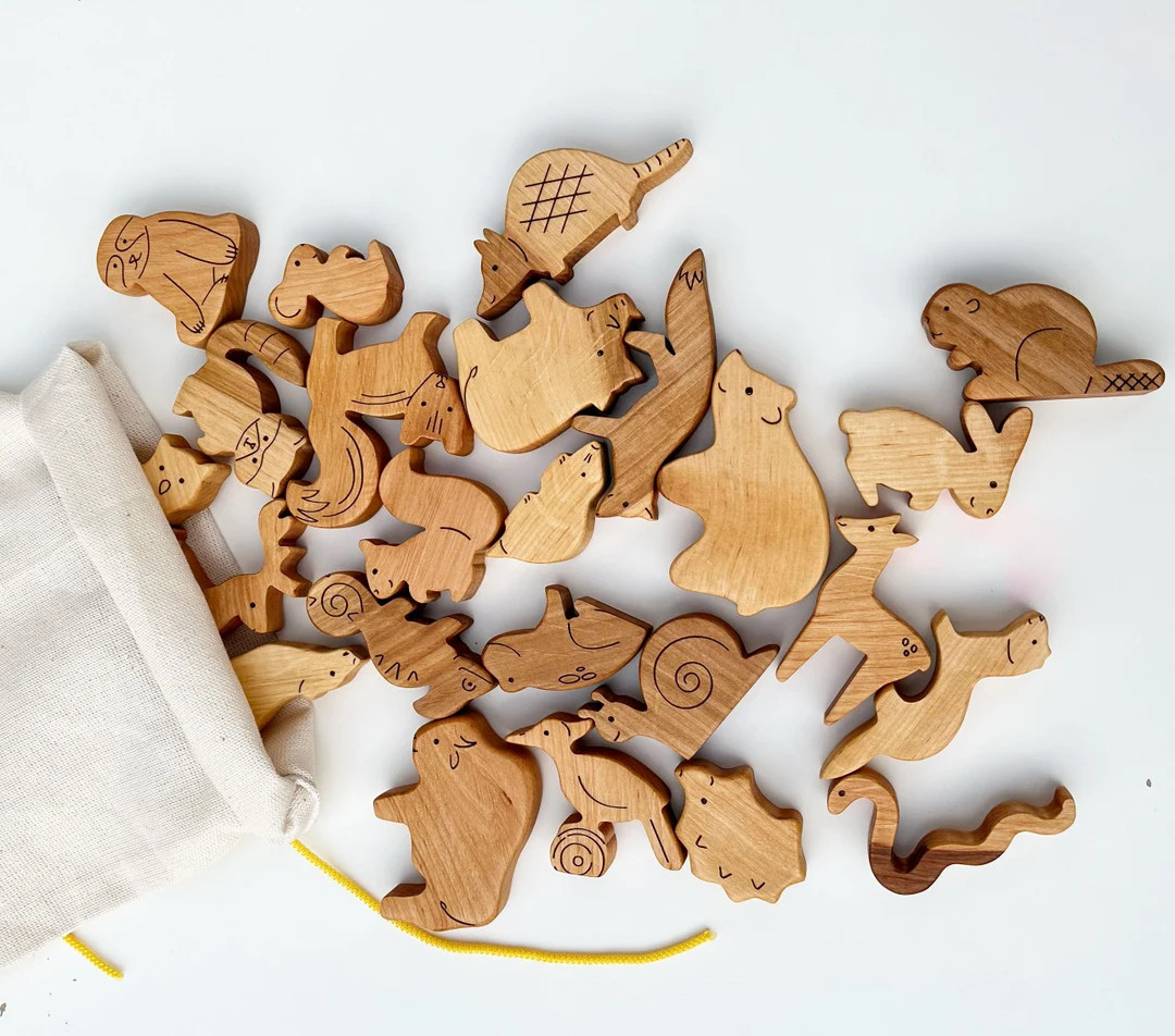 24 Rounded wooden wild animals toy set, birds and reptiles, wooden animal figure toy, wild forest... | Etsy (UK)