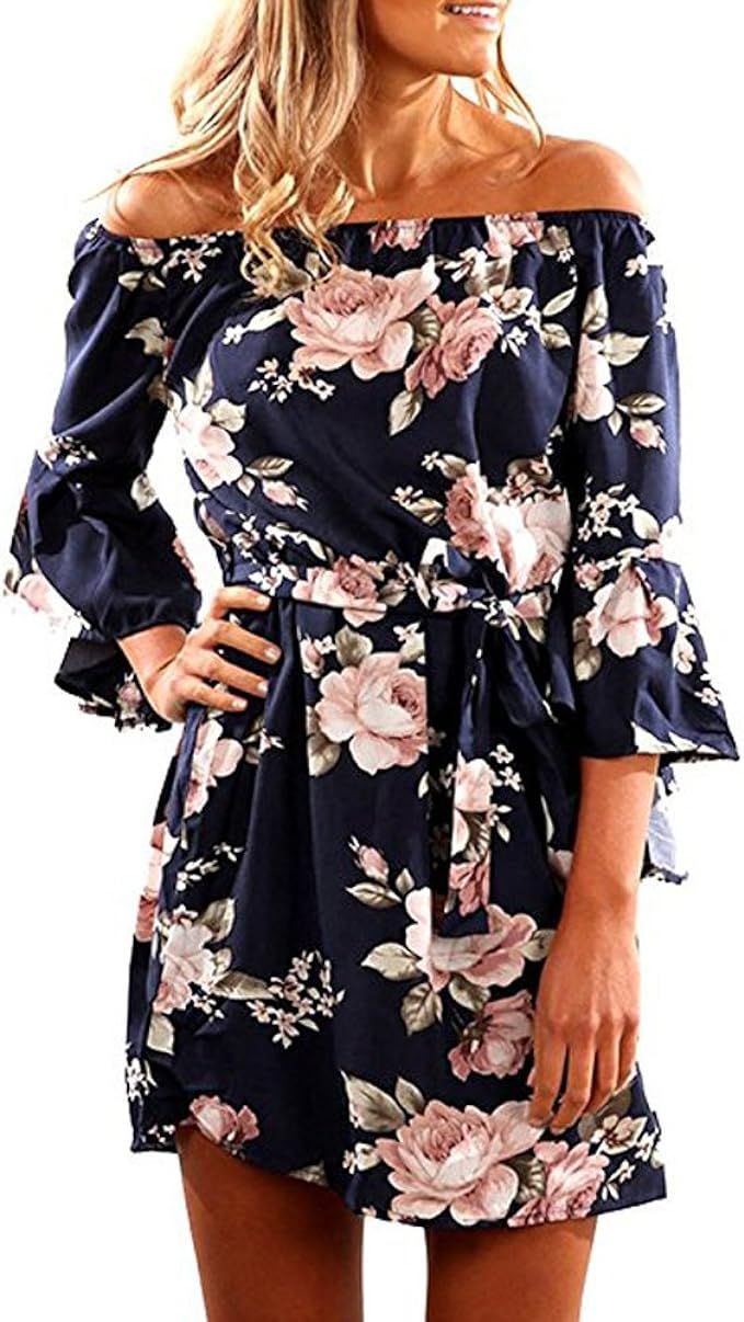 SVALIY Women Off Shoulder Ruffles Floral Tunic Casual Party Shift Short Dress | Amazon (US)