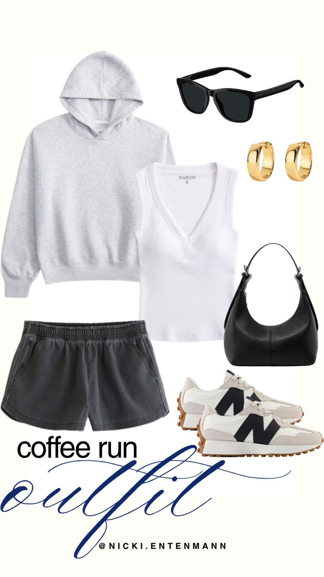 Step out in comfort with this laid back coffee run outfit. A white V neck tank, charcoal lounge shorts, gray hoodie, neutral sneakers, black sunglasses, gold hoops, and sleek shoulder bag. #coffeerun #casualoutfit #streetstyle #athleisure #everydayfashion #offdutylook #outfitinspiration #loungewear #shoppinghaul #modernliving ☕👟👜 

 #LTKdayinmylife #LTKootd #LTKSaleAlert
