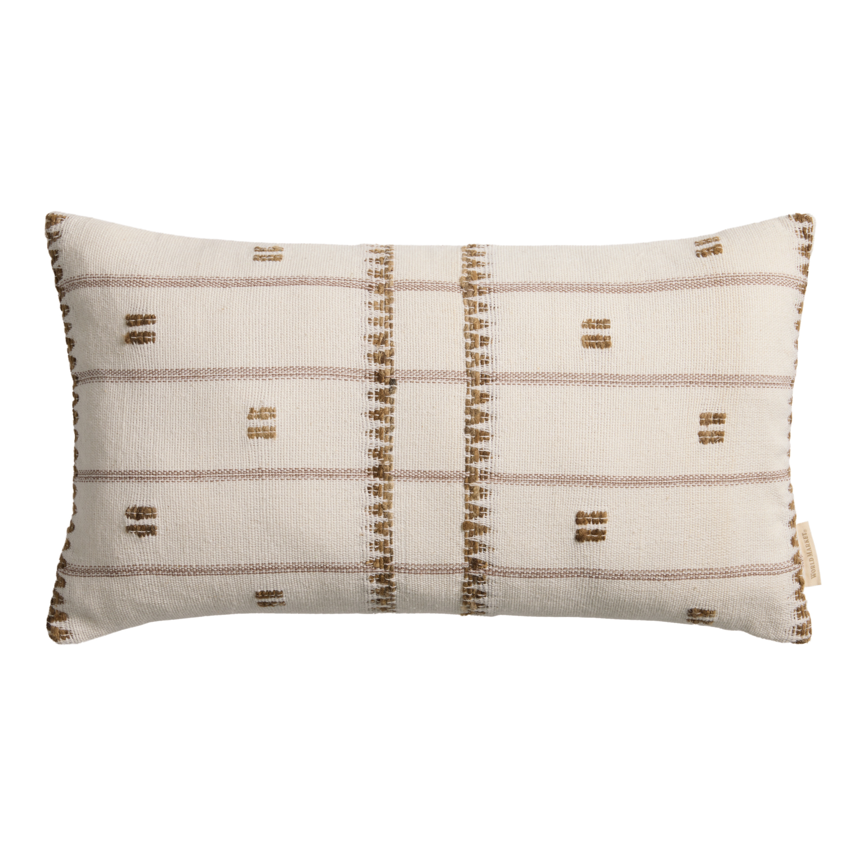 Ivory and Brown Silk Blend Squares Lumbar Pillow | World Market