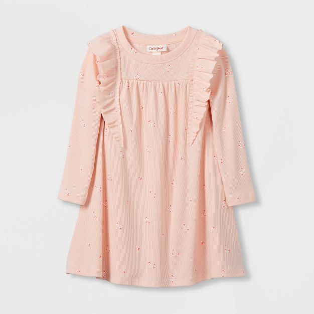 Toddler Girls' Floral Ruffle Ribbed Long Sleeve Dress - Cat & Jack™ Orange | Target