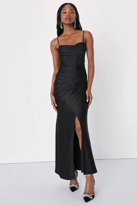 Elegant Engagement Black Satin Bustier Mermaid Maxi Dress | Lulus (US)