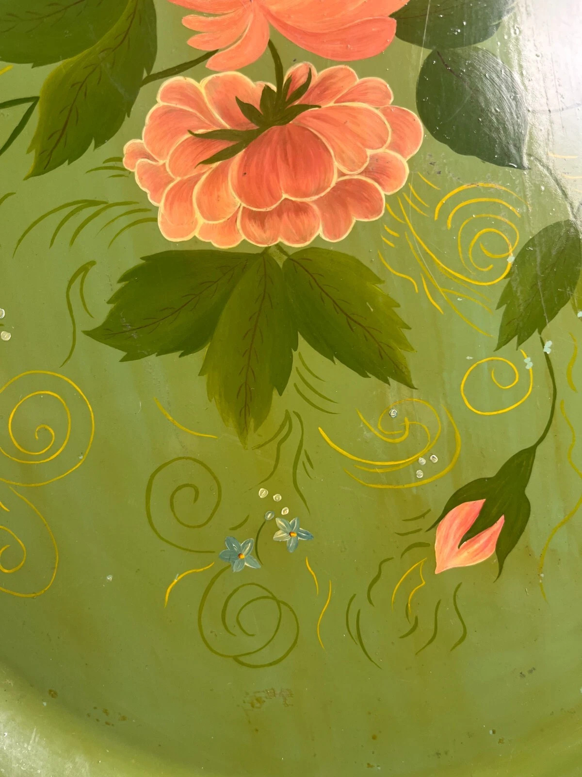 Vintage Oval Hand Painted Green Metal Tole Tray with Pink Flowers | eBay US