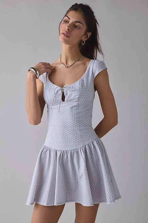 Kimchi Blue Right On Time Drop Waist Fit-And-Flare Mini Dress in Blue, Women's at Urban Outfitters | Urban Outfitters (US and RoW)