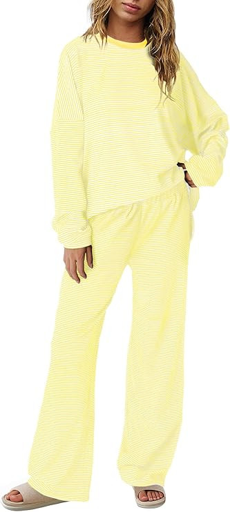 Panadila Womens 2 Piece Lounge Sets Striped Long Sleeve Pajama Set Oversized Tshirts Wide Leg Pan... | Amazon (US)