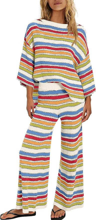 Womens Oversized Striped 2 Piece Set Sweater and Wide Leg Pants with Pockets Pajama Lounge Sets C... | Amazon (US)