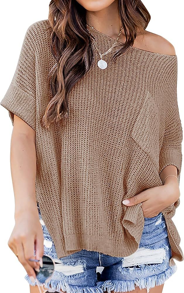 Womens Off Shoulder Sweater Half Sleeve Knitted Sid Slit Solid Color Pullover Tops with One Chest... | Amazon (US)