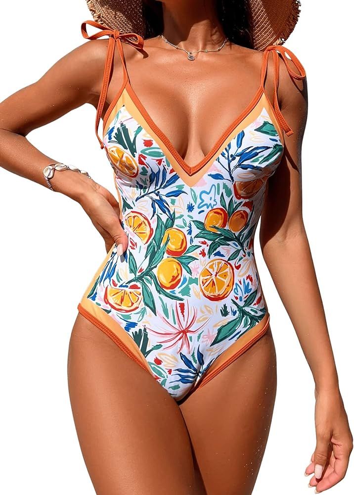 SweatyRocks Women's Swimwear Graphic Print Tie Shoulder Monokini Tummy Control One Piece Swimsuit | Amazon (US)
