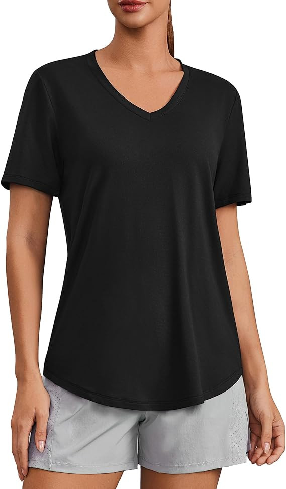 PINSPARK Soft Workout Tops for Women Short Sleeve V Neck Moisture Wicking UPF 50+ Sun Protection ... | Amazon (US)