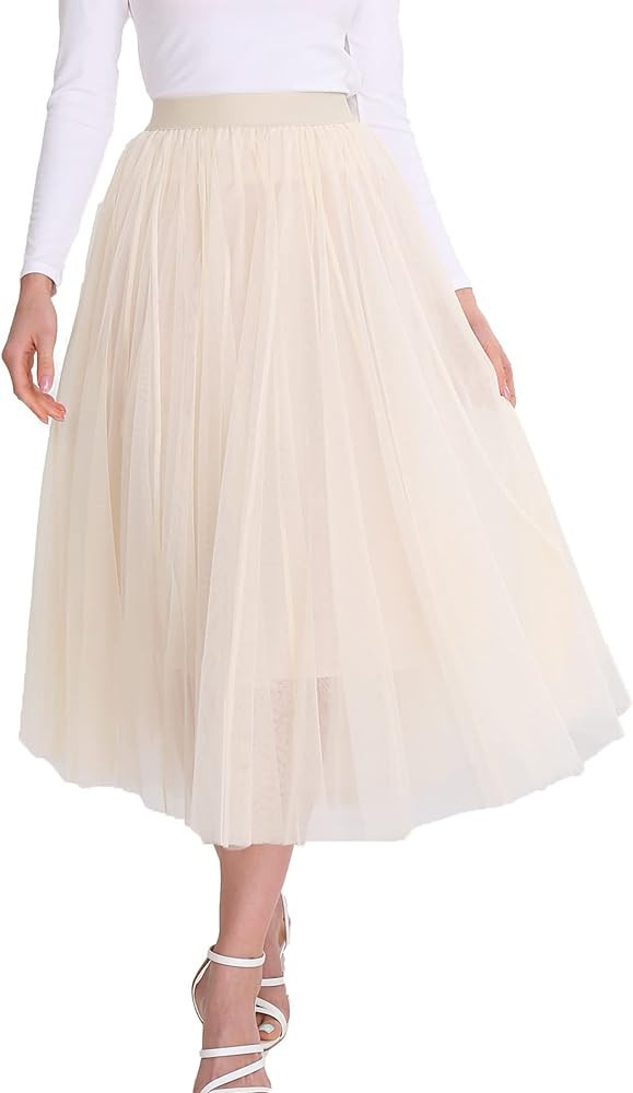 Women’s Tulle Skirts Midi Elastic High Waist Pleated Mesh Flowy A-Line Party Long Tutu Skirts... | Amazon (US)