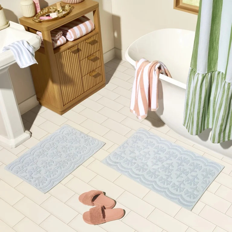 Beautiful Floral Block Scallop 2 Piece Bath Rug Set by Drew Barrymore, Hydrangea Blue, 17" x 24" ... | Walmart (US)
