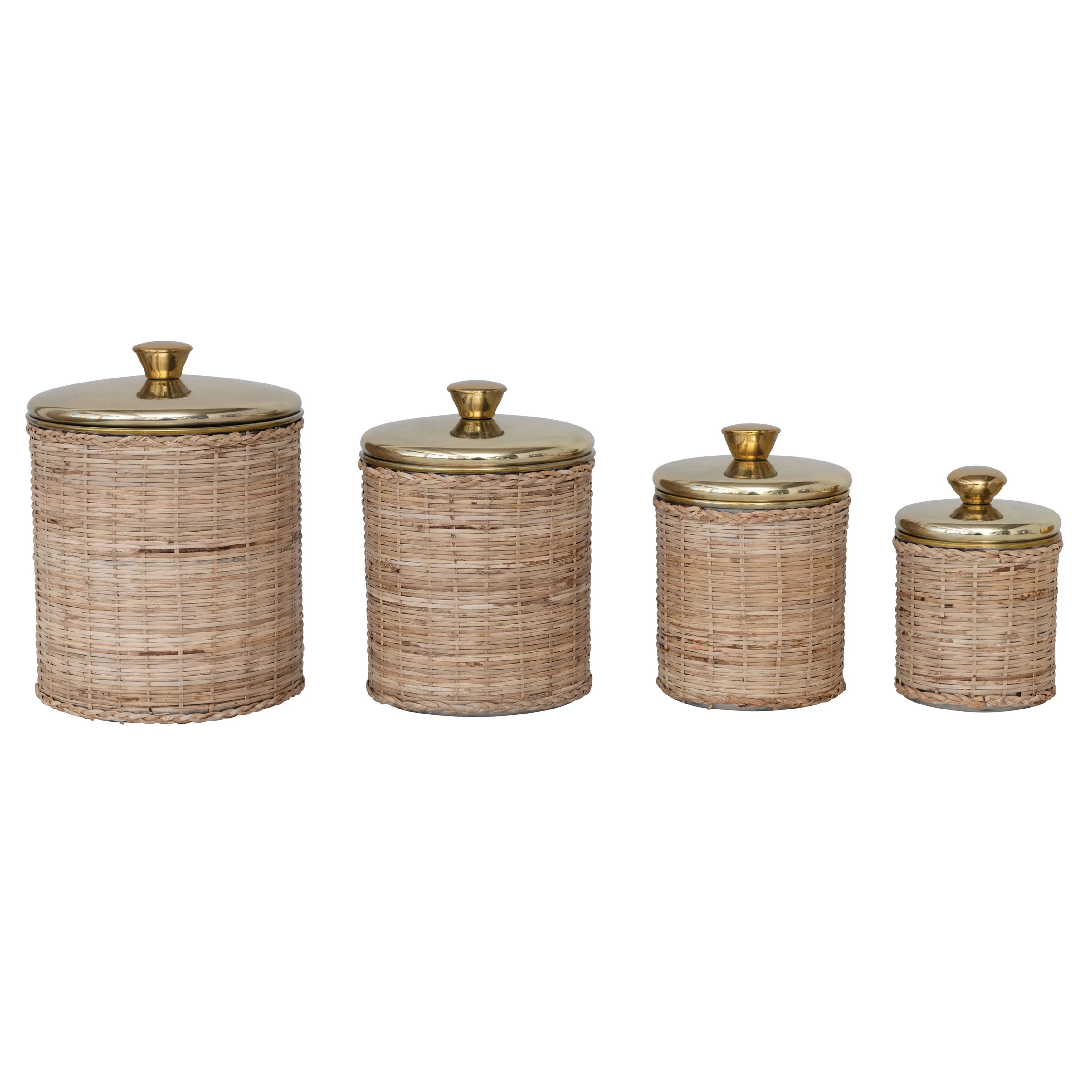 Creative Co-Op Rattan Wrapped Stainless Steel Canisters, Set of 4, Brass Finish | Walmart (US)