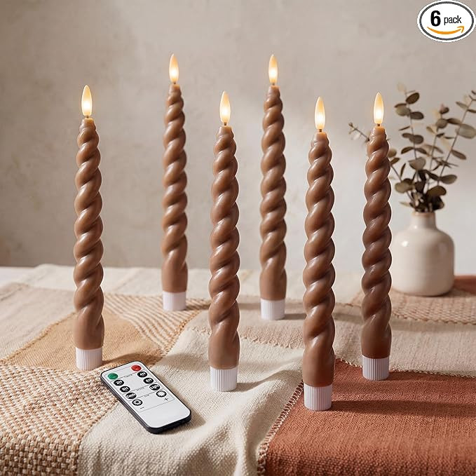 Full Twisted Spiral Flameless LED Taper Candles – Brown, Set of 6 – 2/4/6/8-Hr Timer (24-Hr M... | Amazon (US)