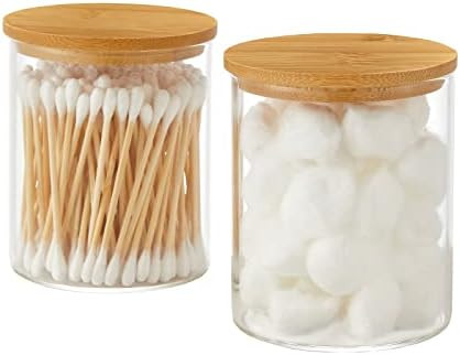 INIUNIK Glass Qtip Holder Dispenser with Bamboo Lid 2 Pack Apothecary Jars Cotton Balls Pads Swabs H | Amazon (US)