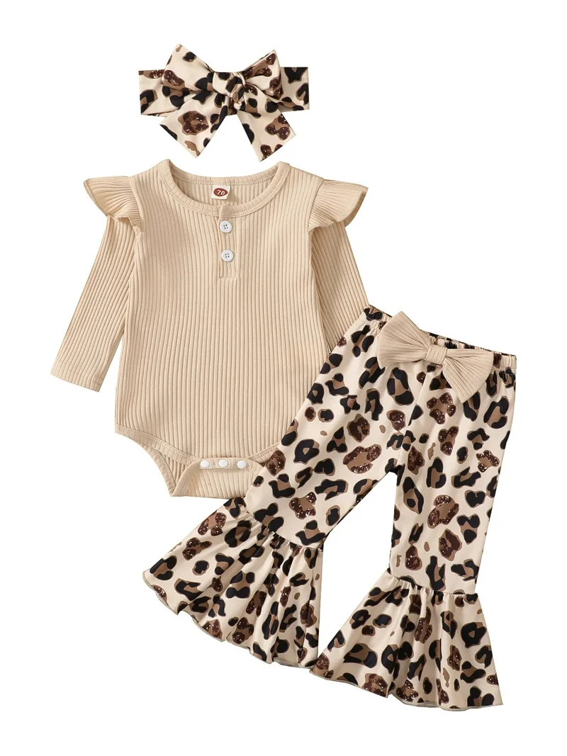 Loicainy Infant Baby Toddler Girls Autumn Outfits, Solid Color Ribbed Fly Sleeve Round Neck Rompe... | Walmart (US)