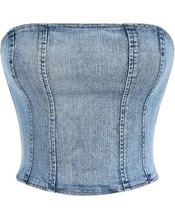 Floerns Women's Sleeveless Strapless Zipper Back Bandeau Crop Denim Tube Top | Amazon (US)