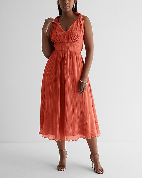 Pleated Twisted Halter Neck Midi Dress | Express