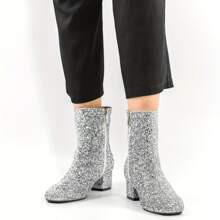 Sparkly Glitter Boots Chunky Heels Ankle Booties | SHEIN