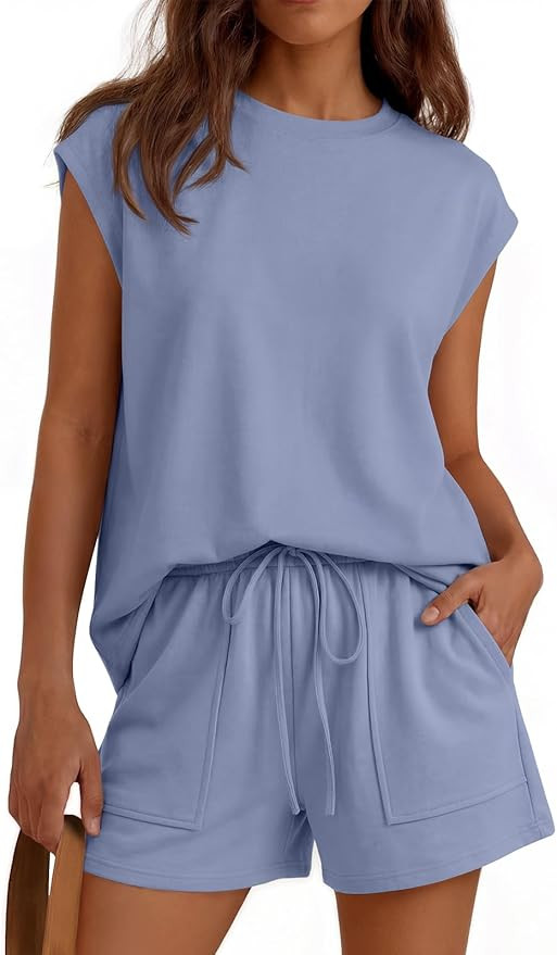 LILLUSORY Womens Crew Neck Cap Sleeve Drawstring Two Piece Summer short Sets Sweatsuit with Pocke... | Amazon (US)