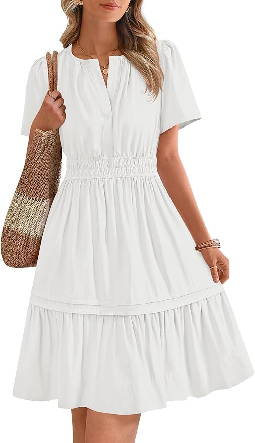 BTFBM Women's Casual V Neck Dresses 2025 Summer Spring Short Sleeve Sundress Smocked Waist A Line... | Amazon (US)